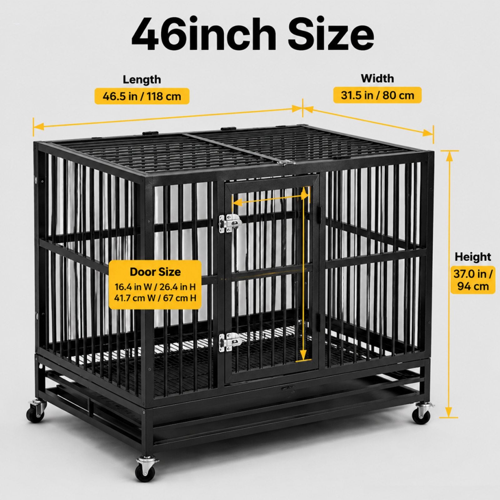 PawHaven 36" 42" 46" Heavy Duty Metal Dog Crate with Wheels, Indestructible Escape Proof Dog Cage, Double Door Foldable Dog Kennel with Removable Pull Out Tray