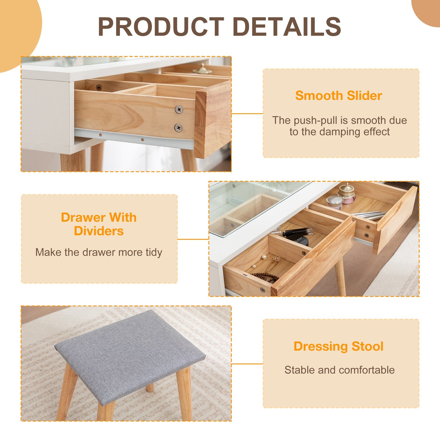 WestWood White Dressing Table, Solid Wood Legs