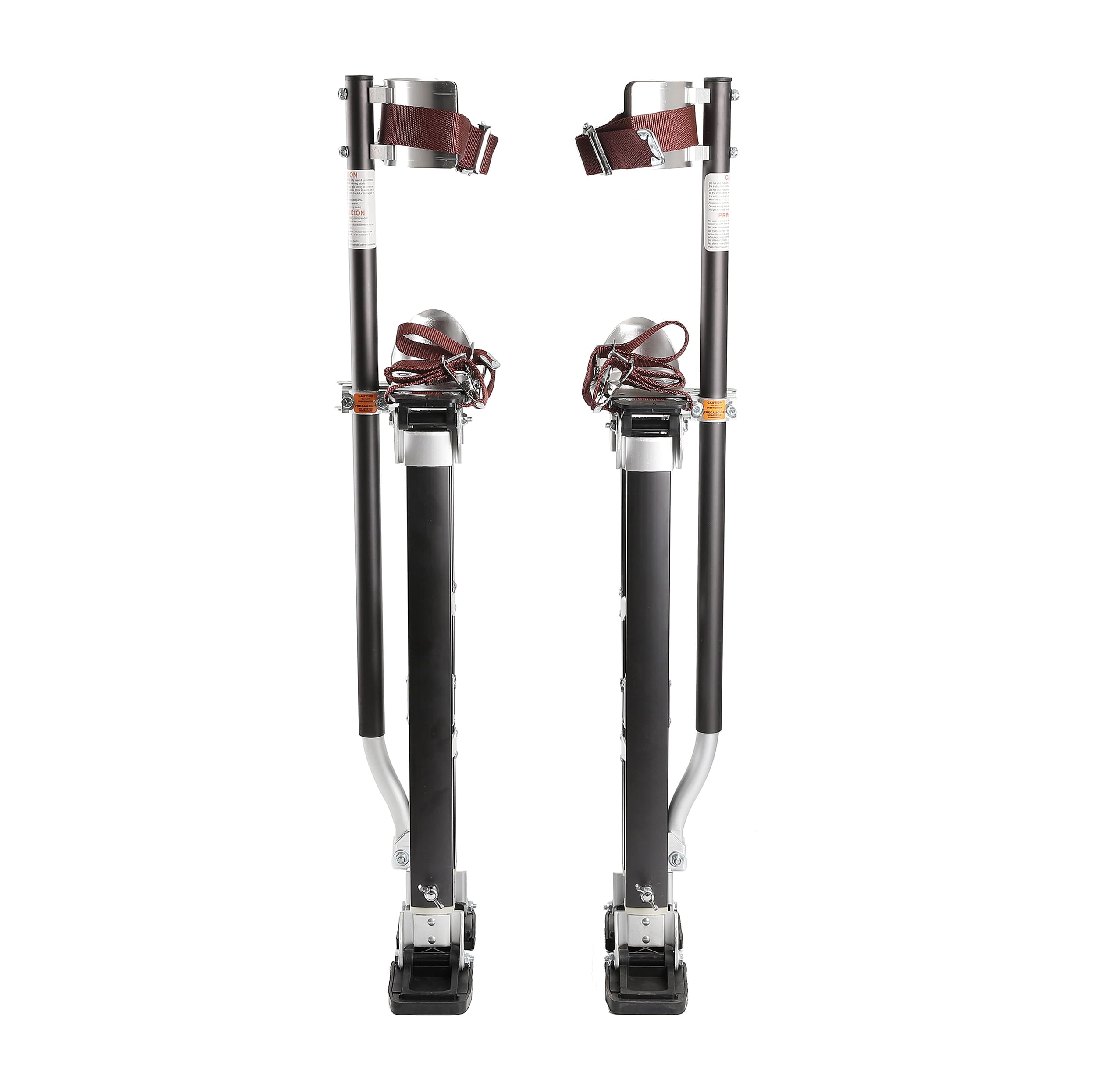 Pair of drywall stilts with black and silver design on a white background