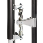 Close-up of a mechanical component with springs and metal parts from drywall stilts on a white background
