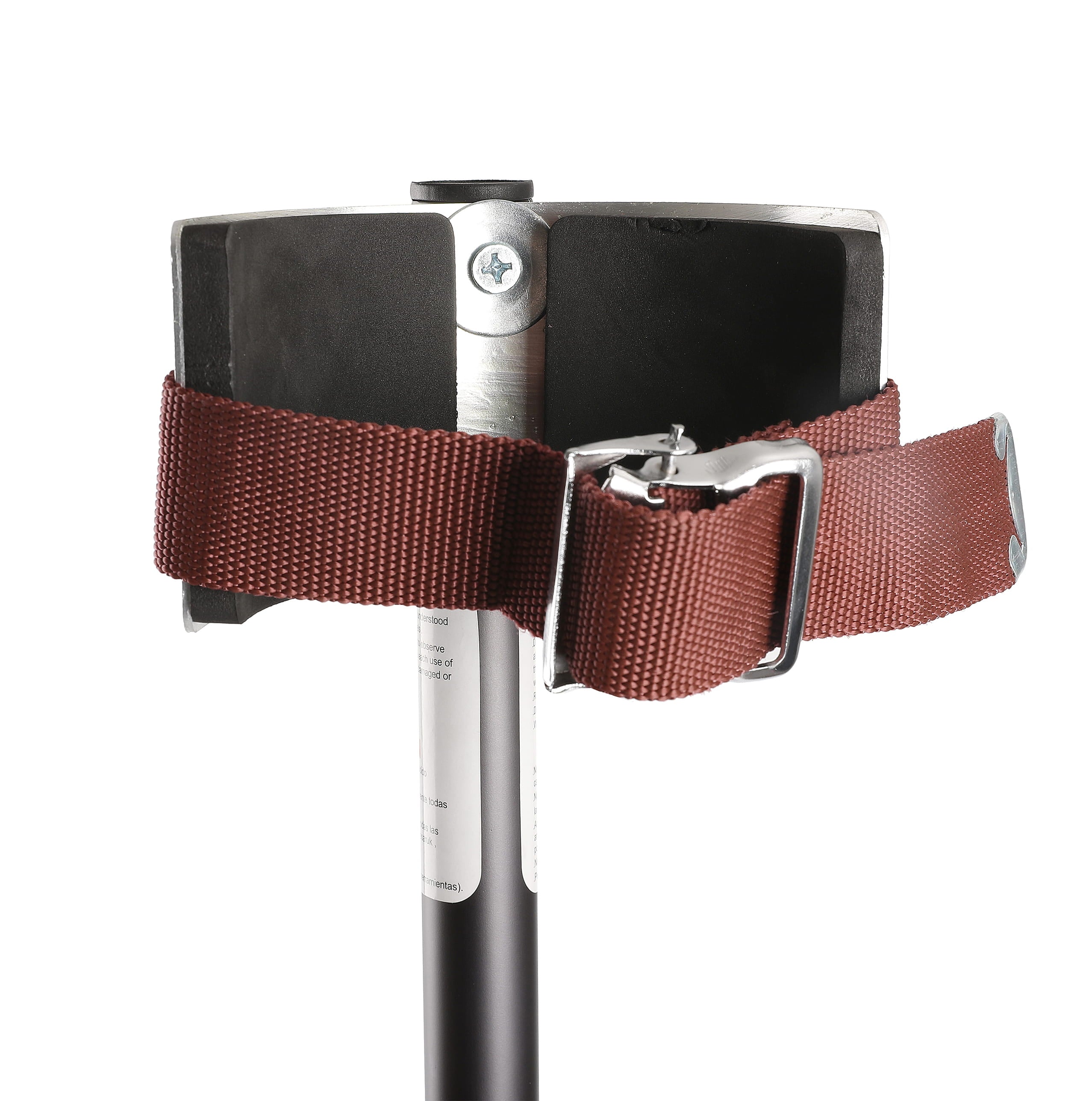 Brown strap with metal buckle attached to drywall stilts on a white background