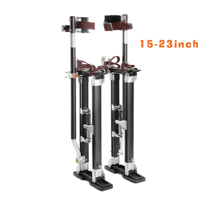 Pair of adjustable drywall stilts with a measurement range of 15-23 inches on a white background.