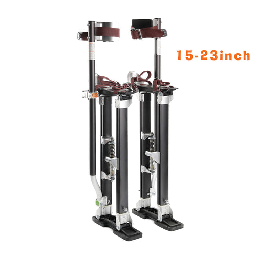 Pair of adjustable drywall stilts with a measurement range of 15-23 inches on a white background.