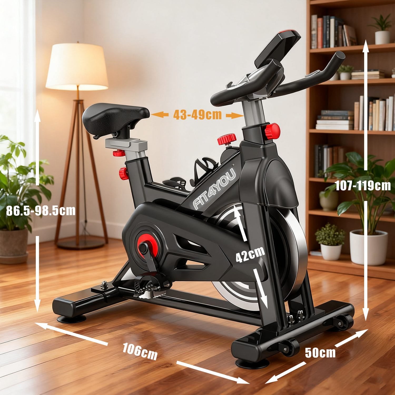 Black fitness bike with dimensions marked on a wooden floor.