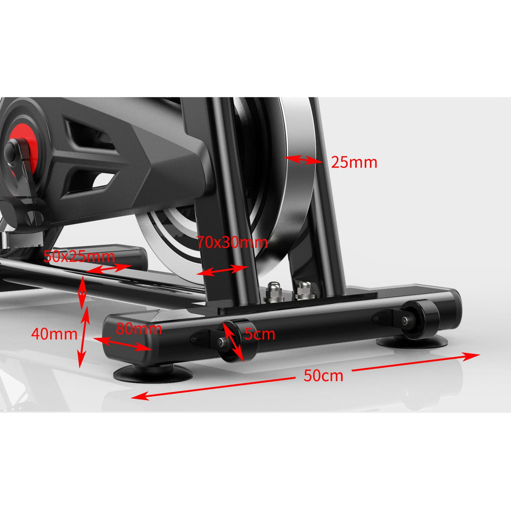 Measurement details of a black fitness bike component on a white background