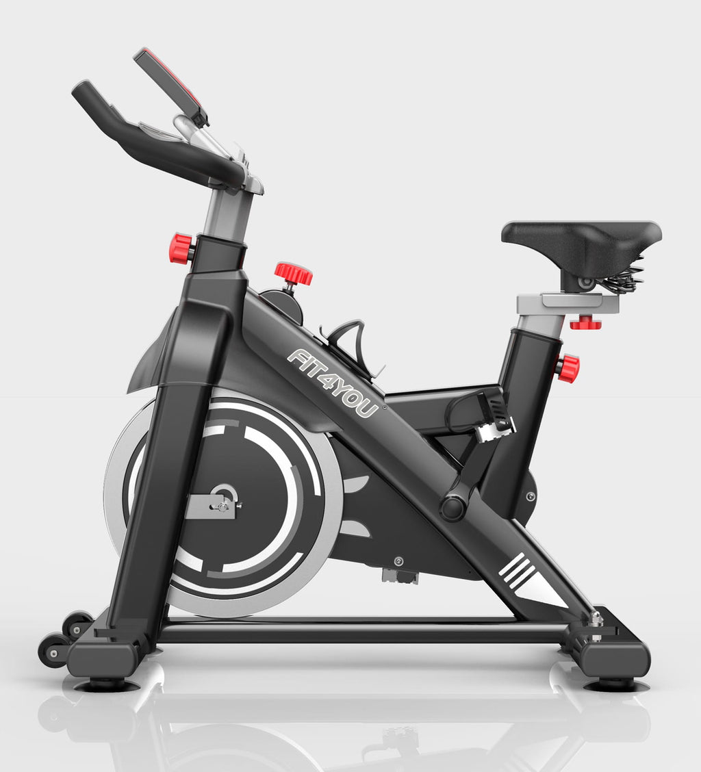 Black and grey fitness bike with red accents on a white background