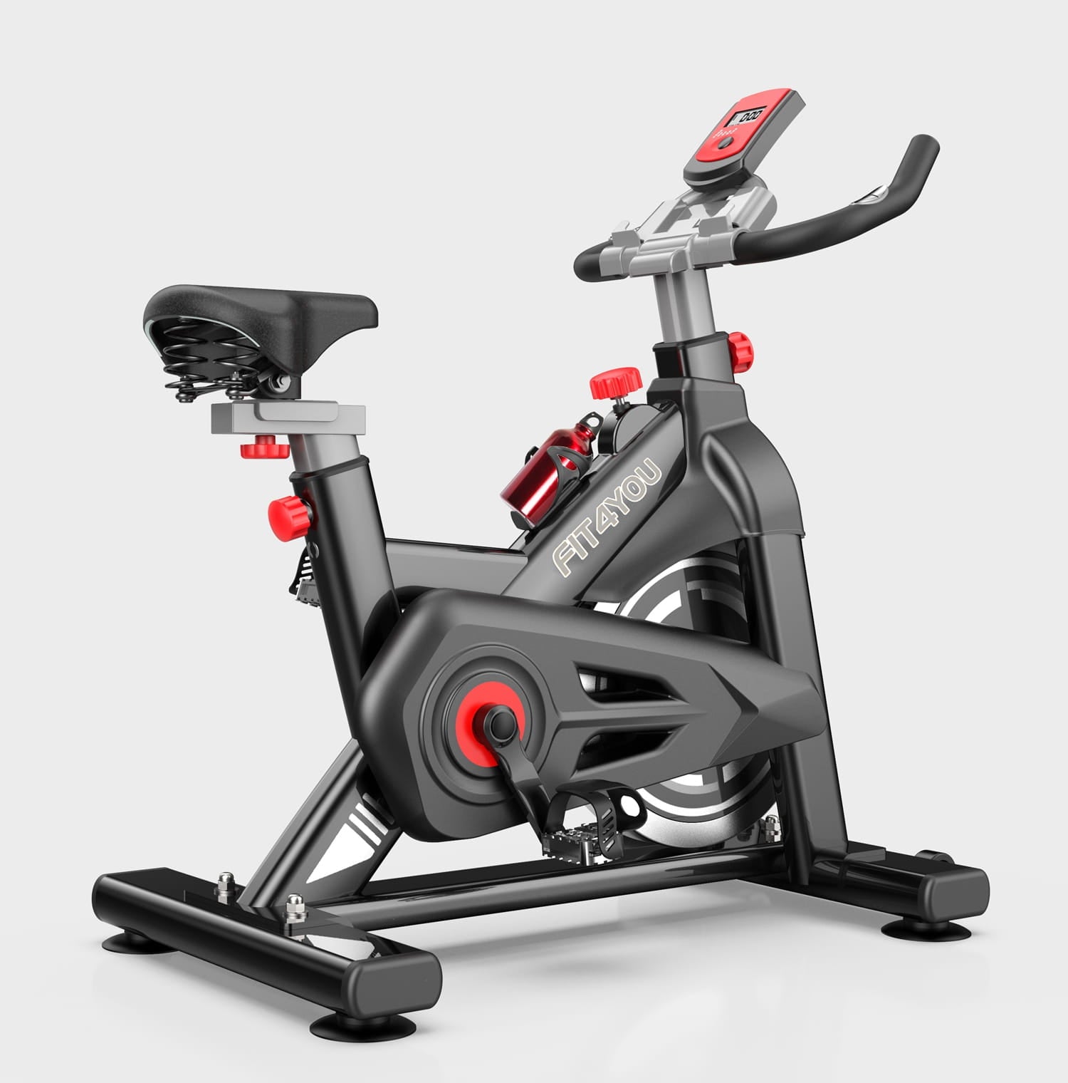 Fitness bike with red accents on a light gray background