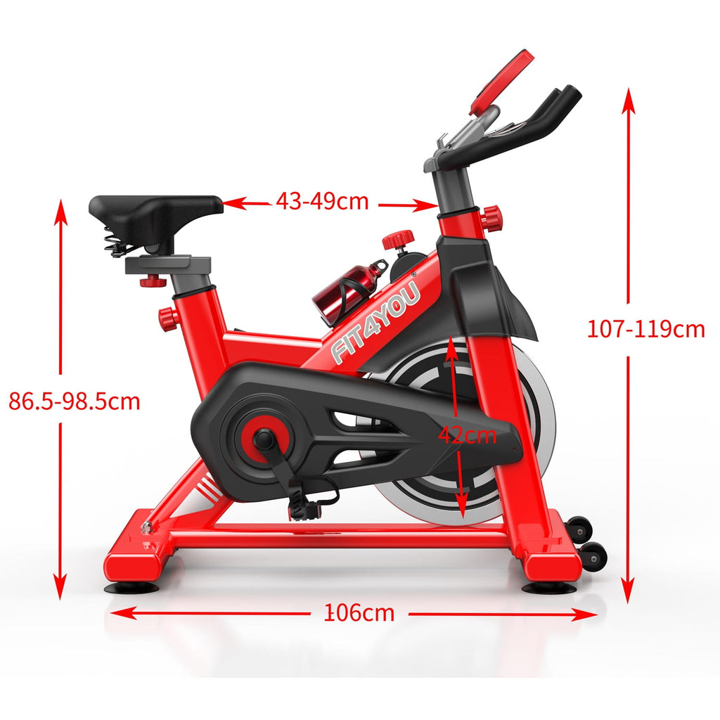Red fitness bike with dimensions indicated on a white background