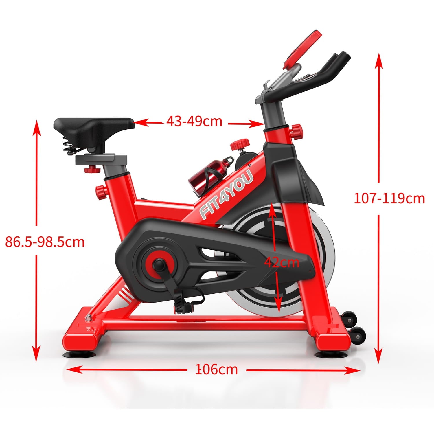 Red fitness bike with dimensions indicated on a white background