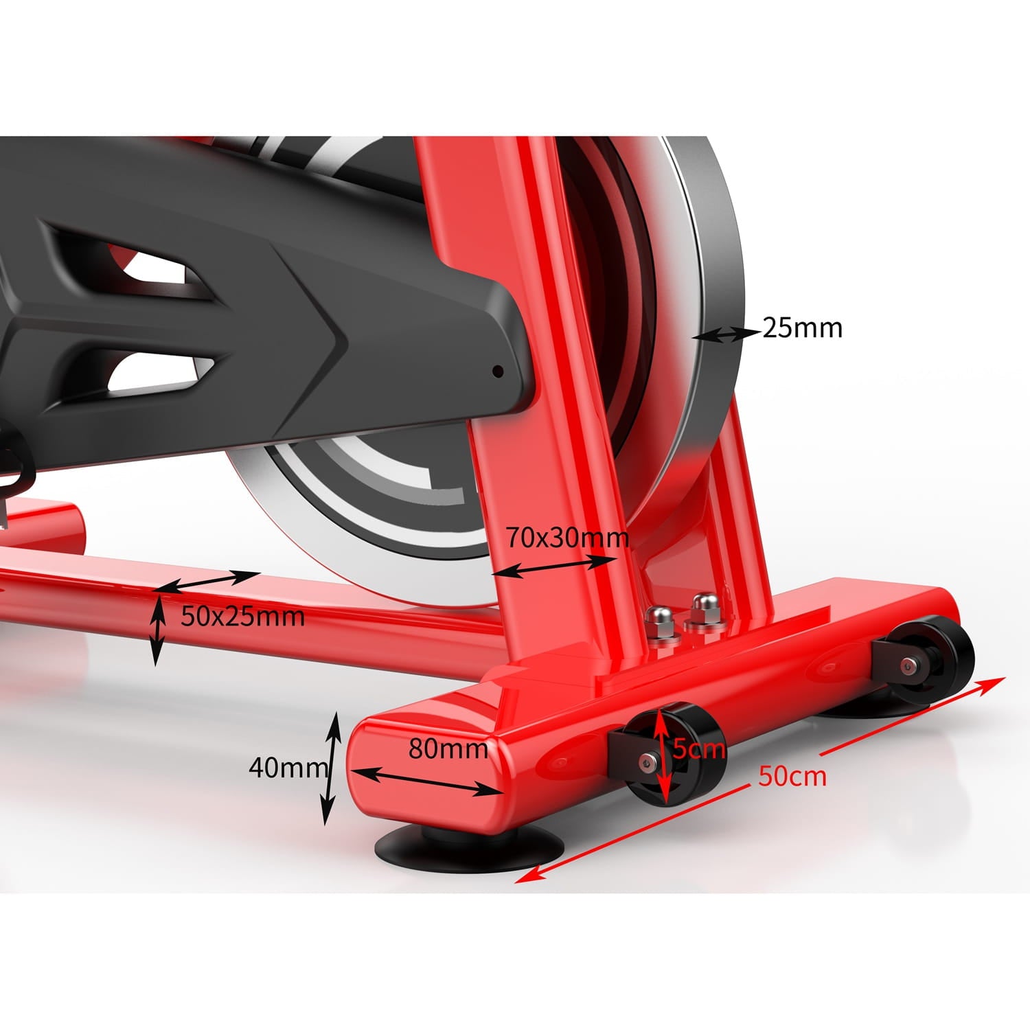 Red fitness bike with dimensions labeled on a white background