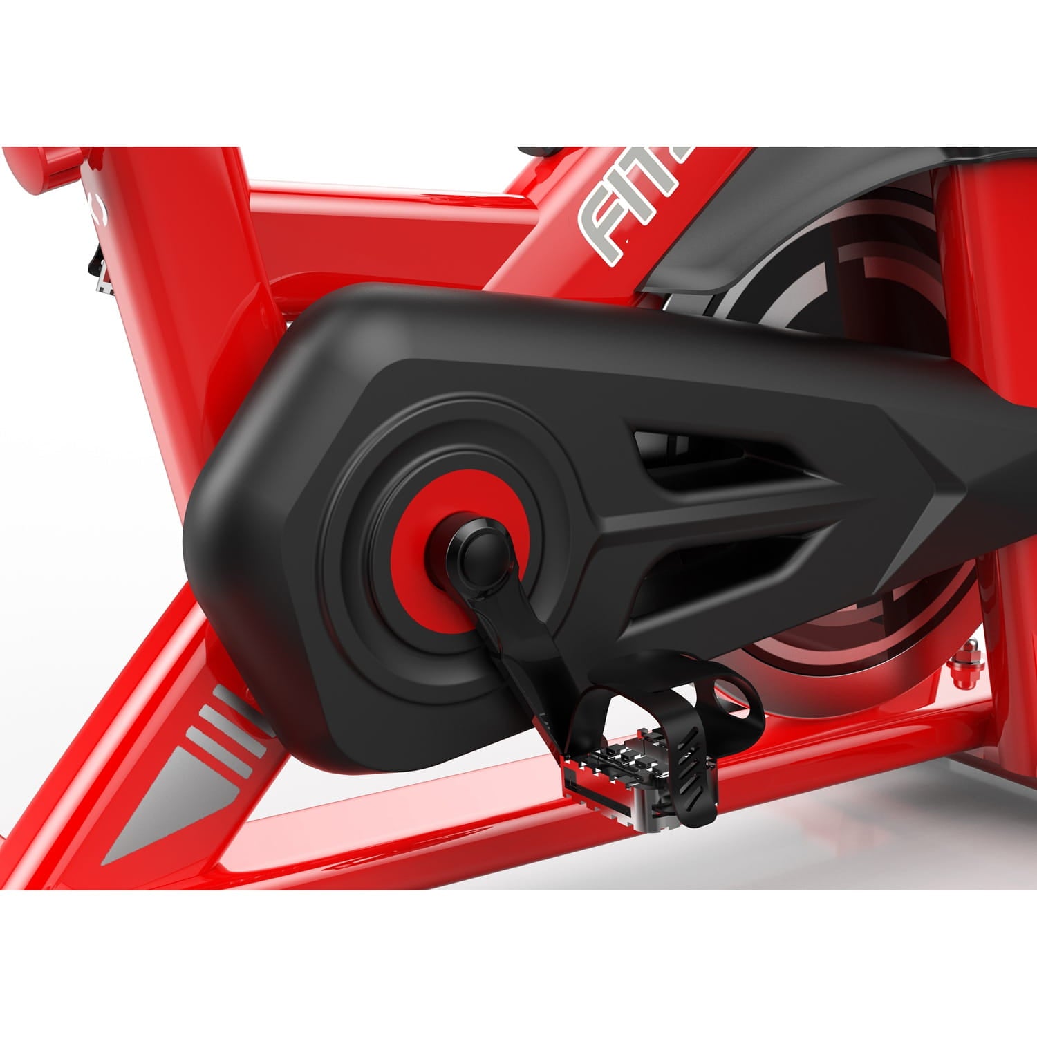 Close-up of a red and black fitness bike with a focus on the gear system.