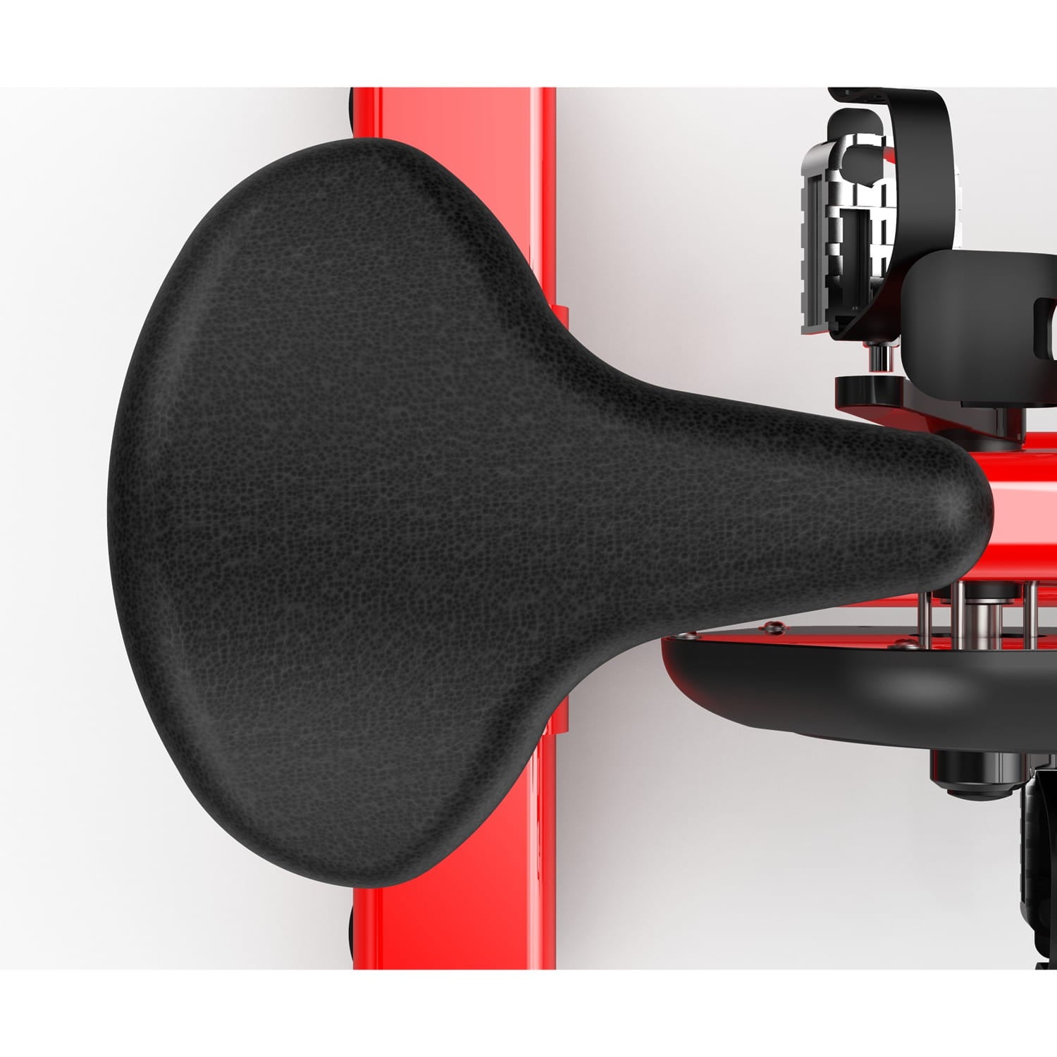 Close-up of a black fitness bike on a red frame with a white background
