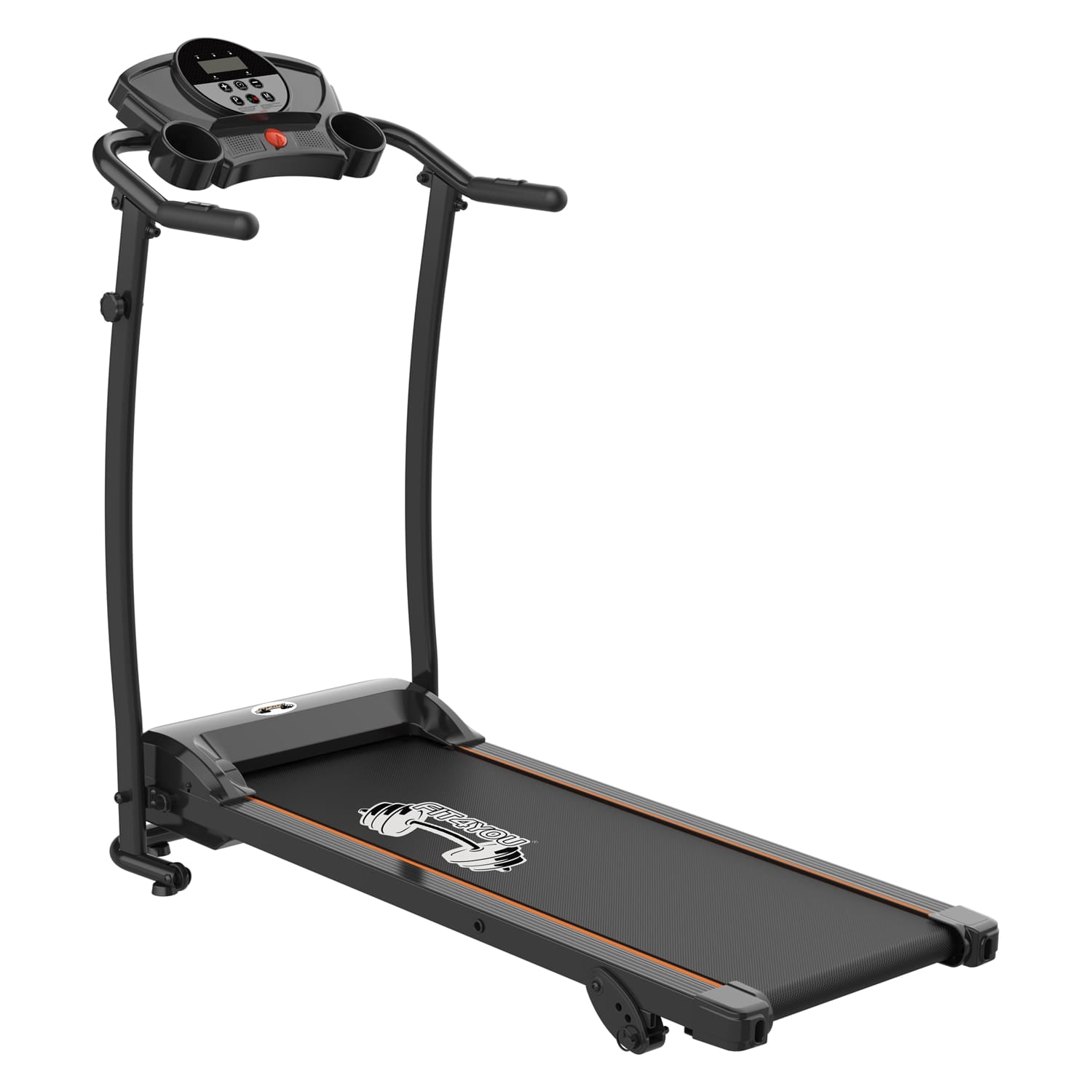 Black small treadmill with digital display on a white background