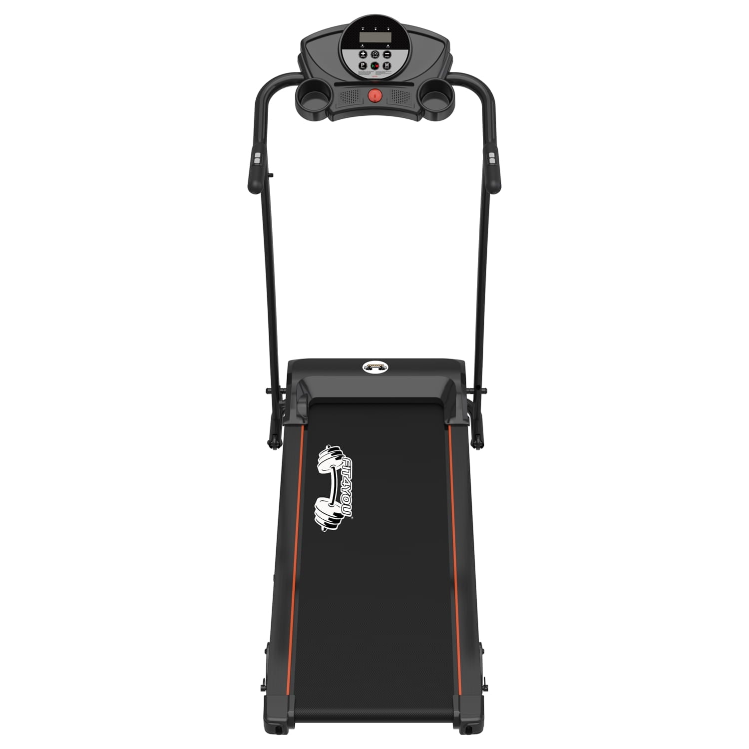 Black small treadmill with digital display on a white background