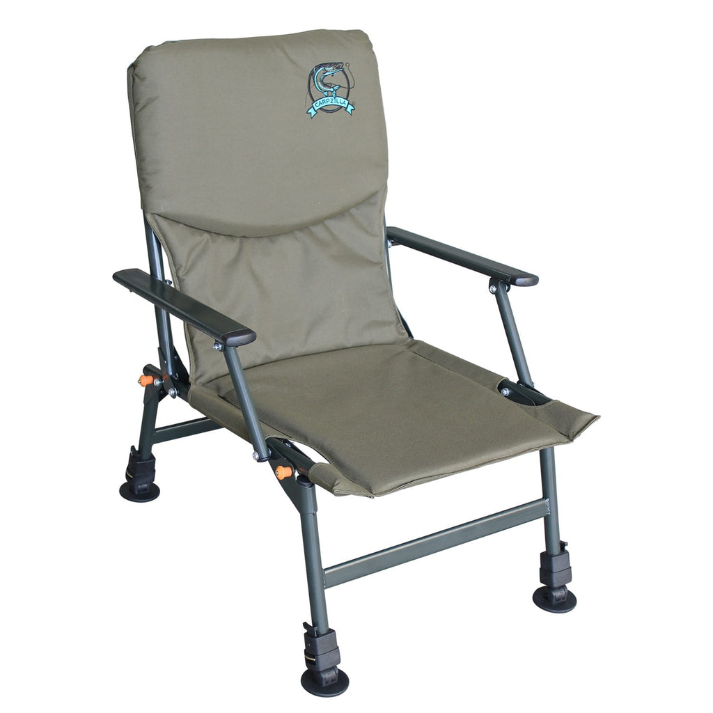 folding fishing chair with extendable legs on a white background.