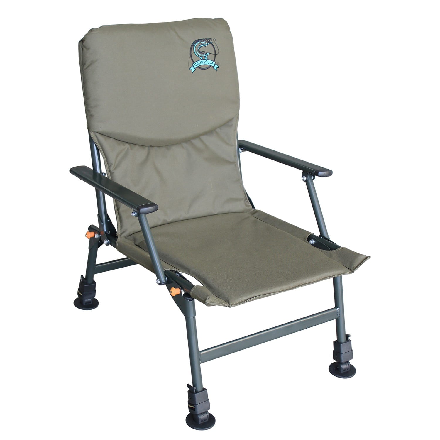 folding fishing chair with extendable legs on a white background.