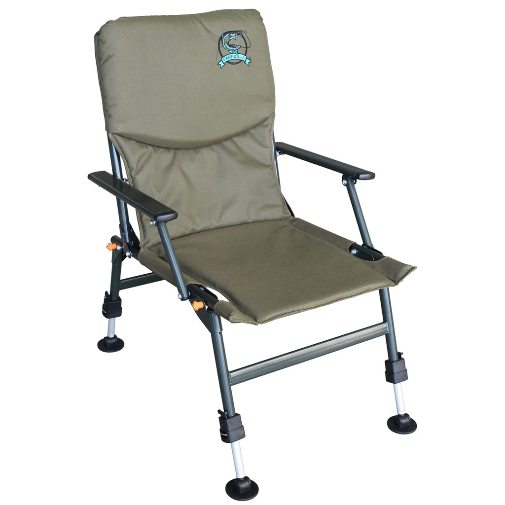 Green folding fishing chair with adjustable legs on a white background