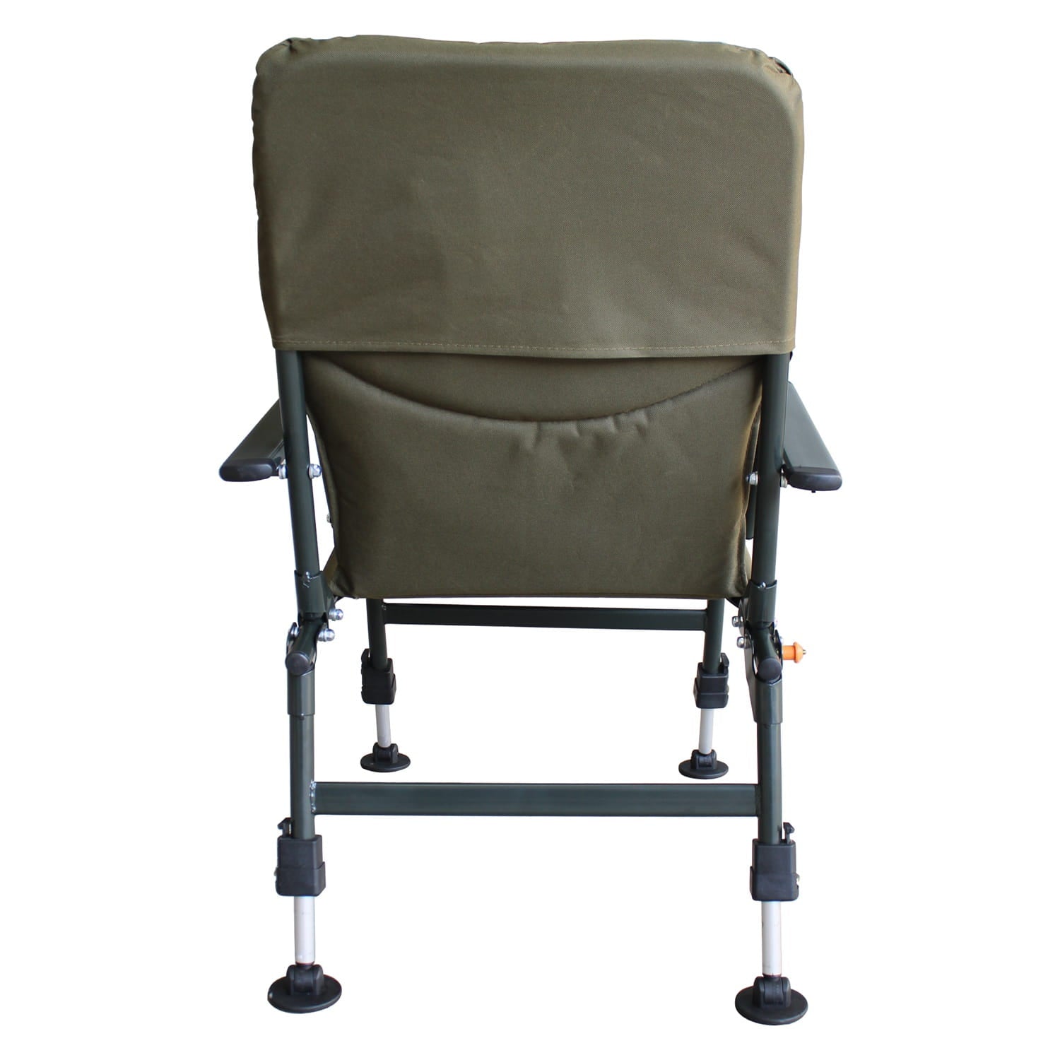 Green folding fishing chair with a backrest on a white background