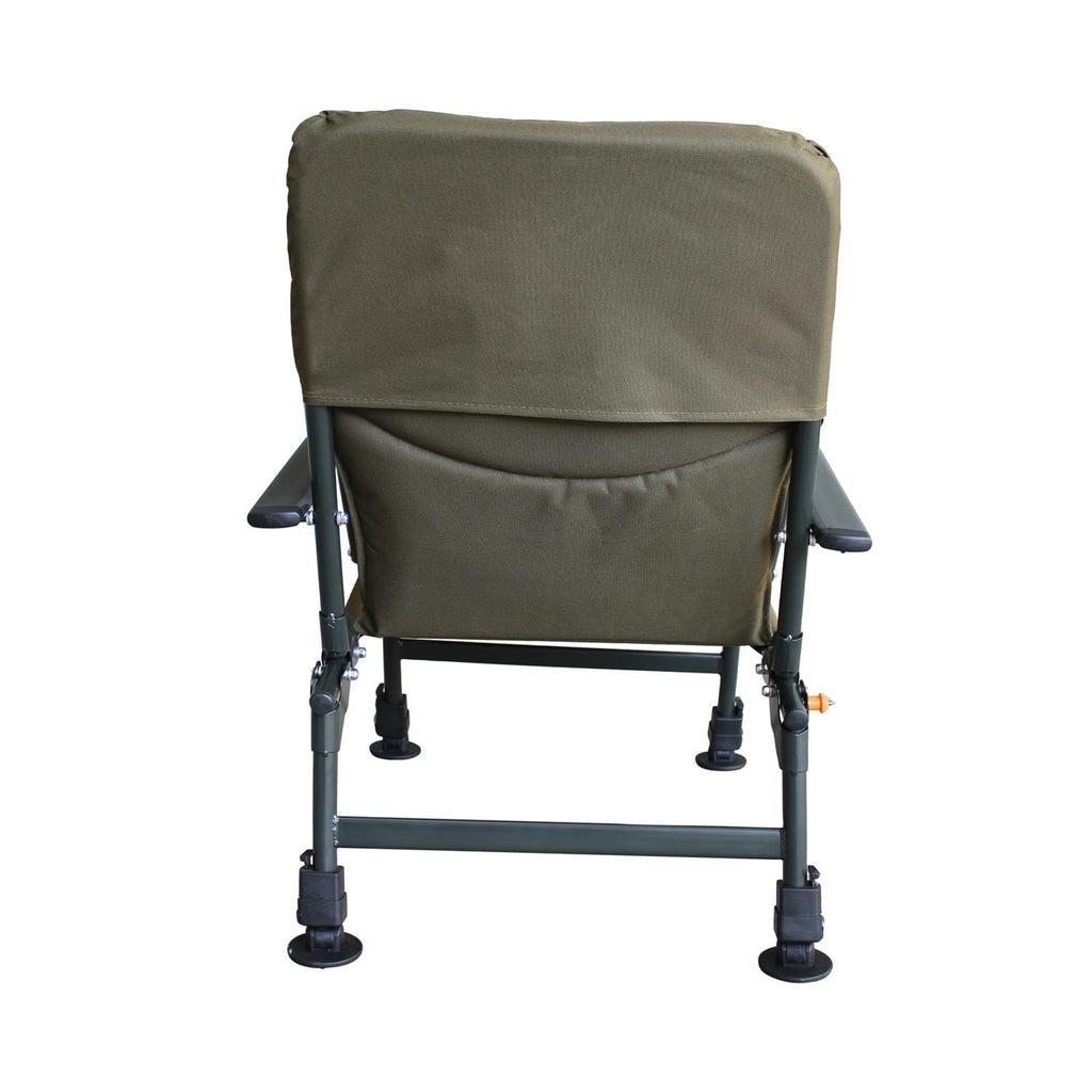 Green folding fishing chair on a white background