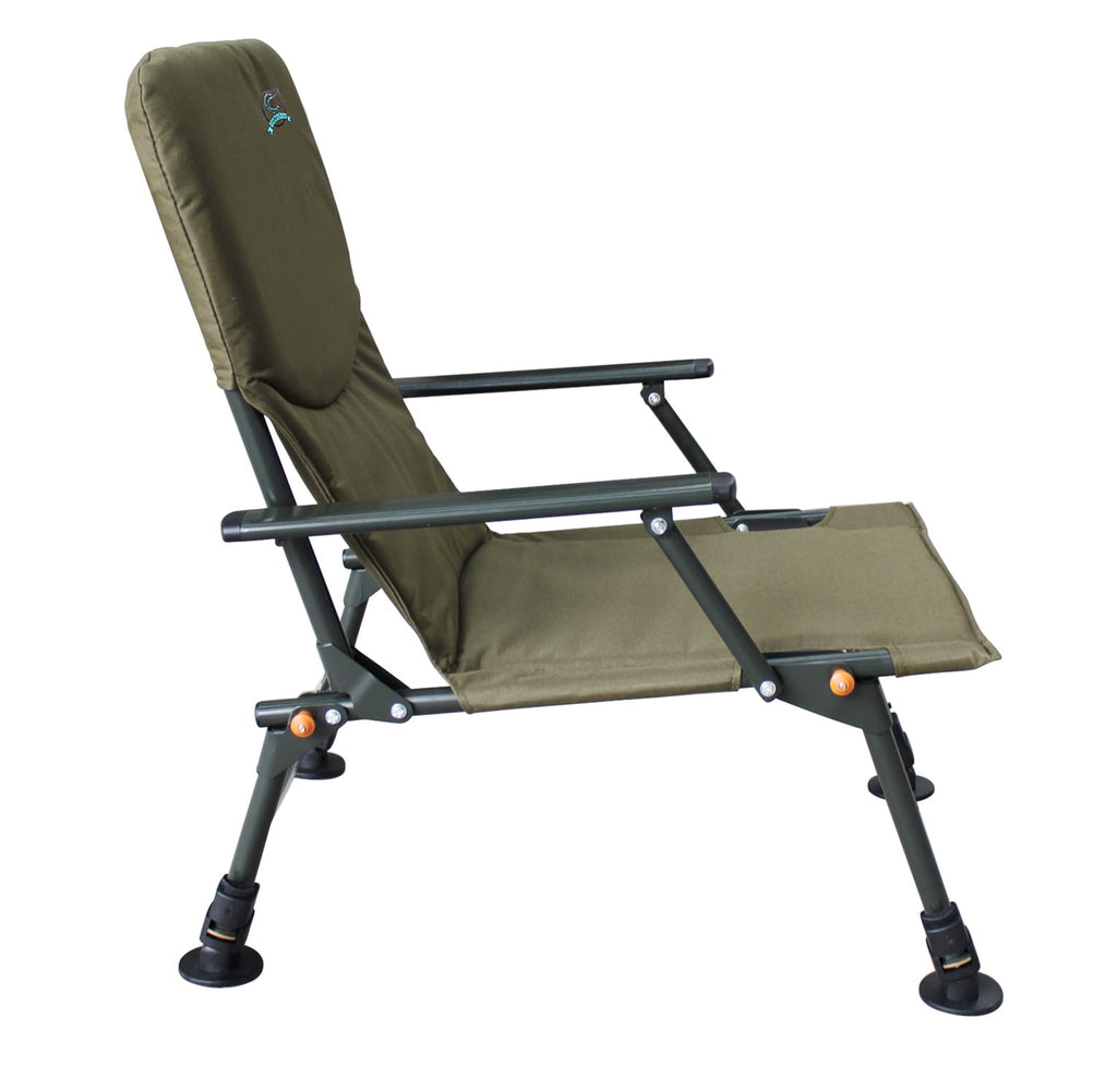 Green folding fishing chair with footrest on a white background