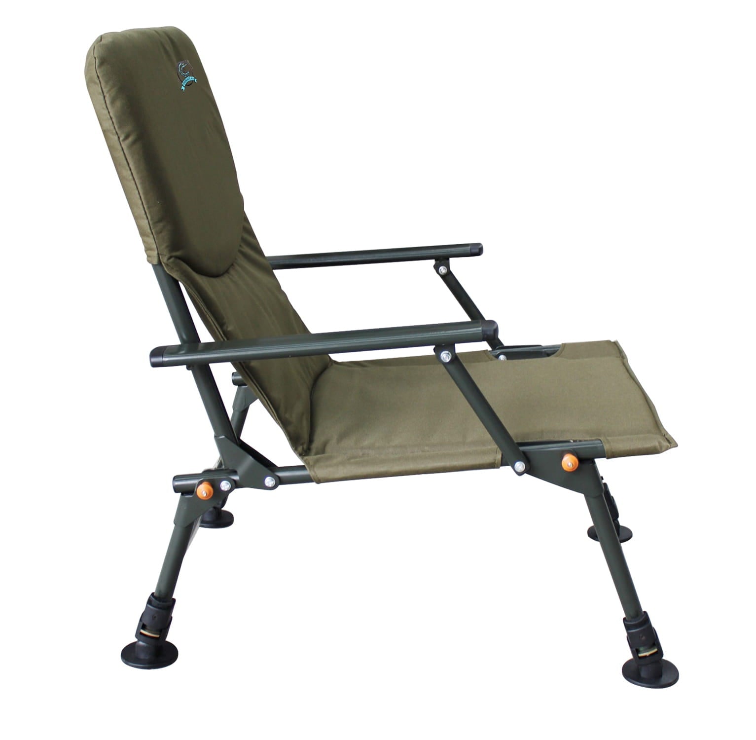 Green folding fishing chair with footrest on a white background