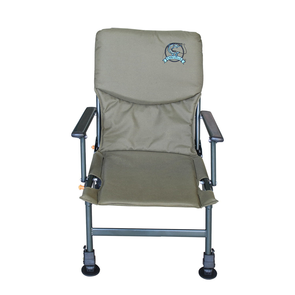 Green folding fishing chair with a logo on a white background