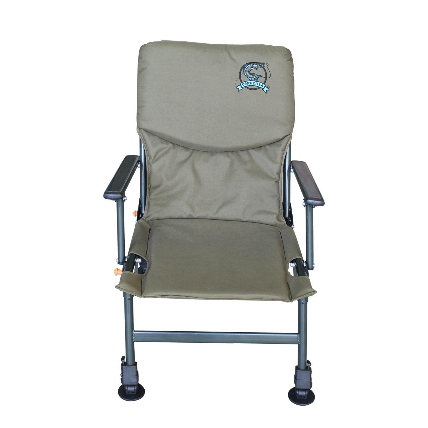 Green folding fishing chair with a logo on a white background