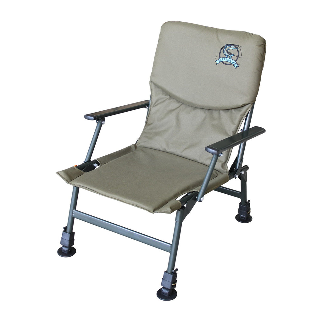 Khaki folding fishing chair with a logo on a white background