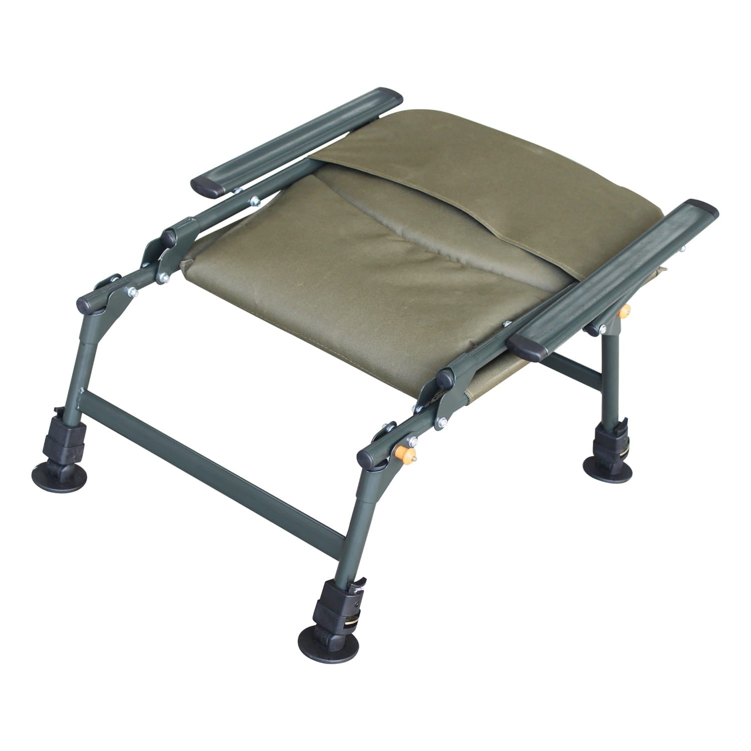 Folding fishing chair with green cushion on a white background