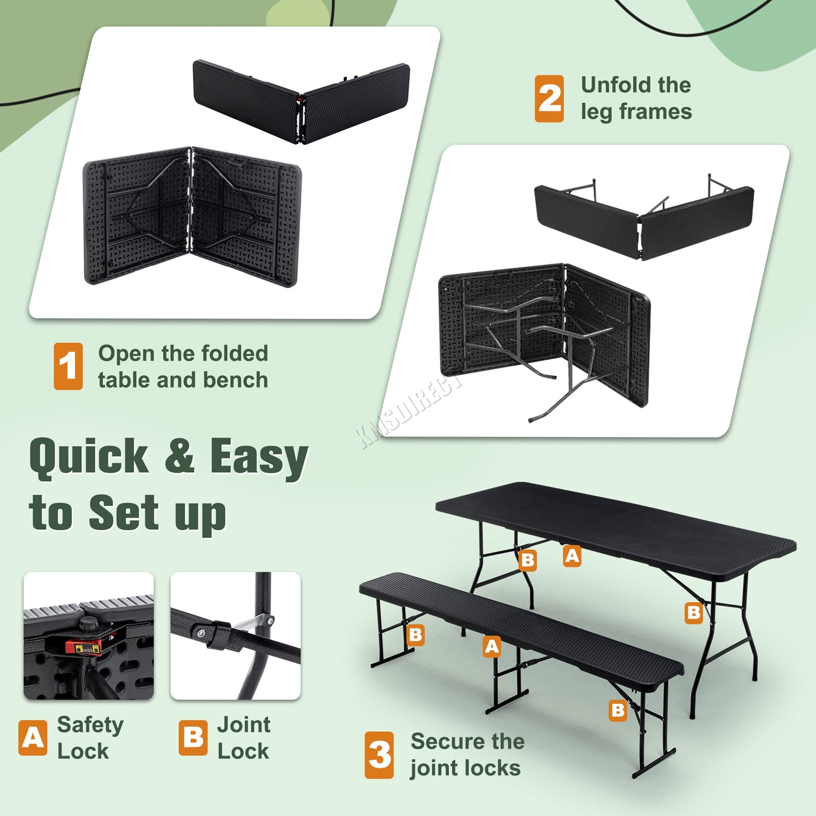 BIRCHTREE Folding Picnic Table and Bench Set 6FT 3 Piece