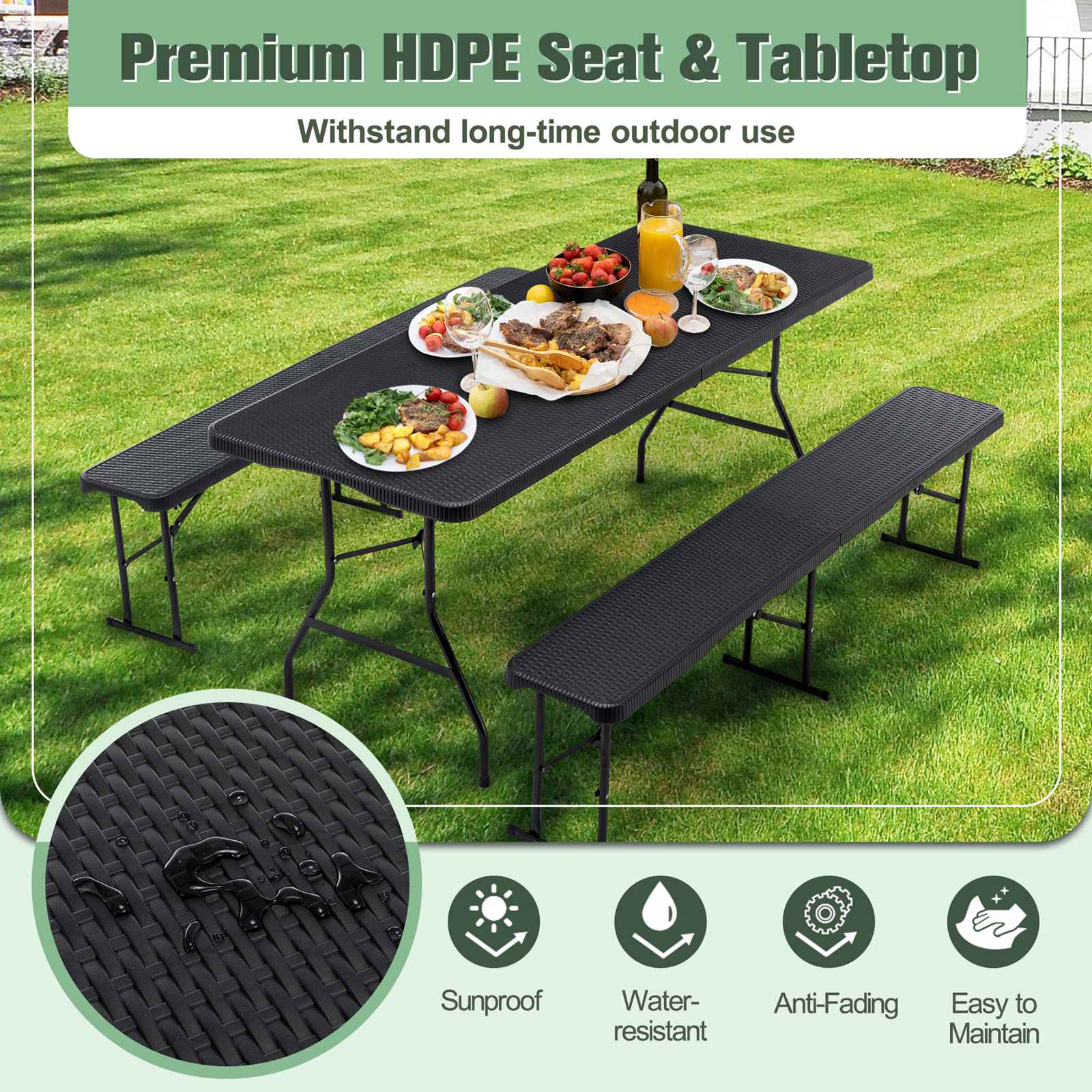 BIRCHTREE Folding Picnic Table and Bench Set 6FT 3 Piece