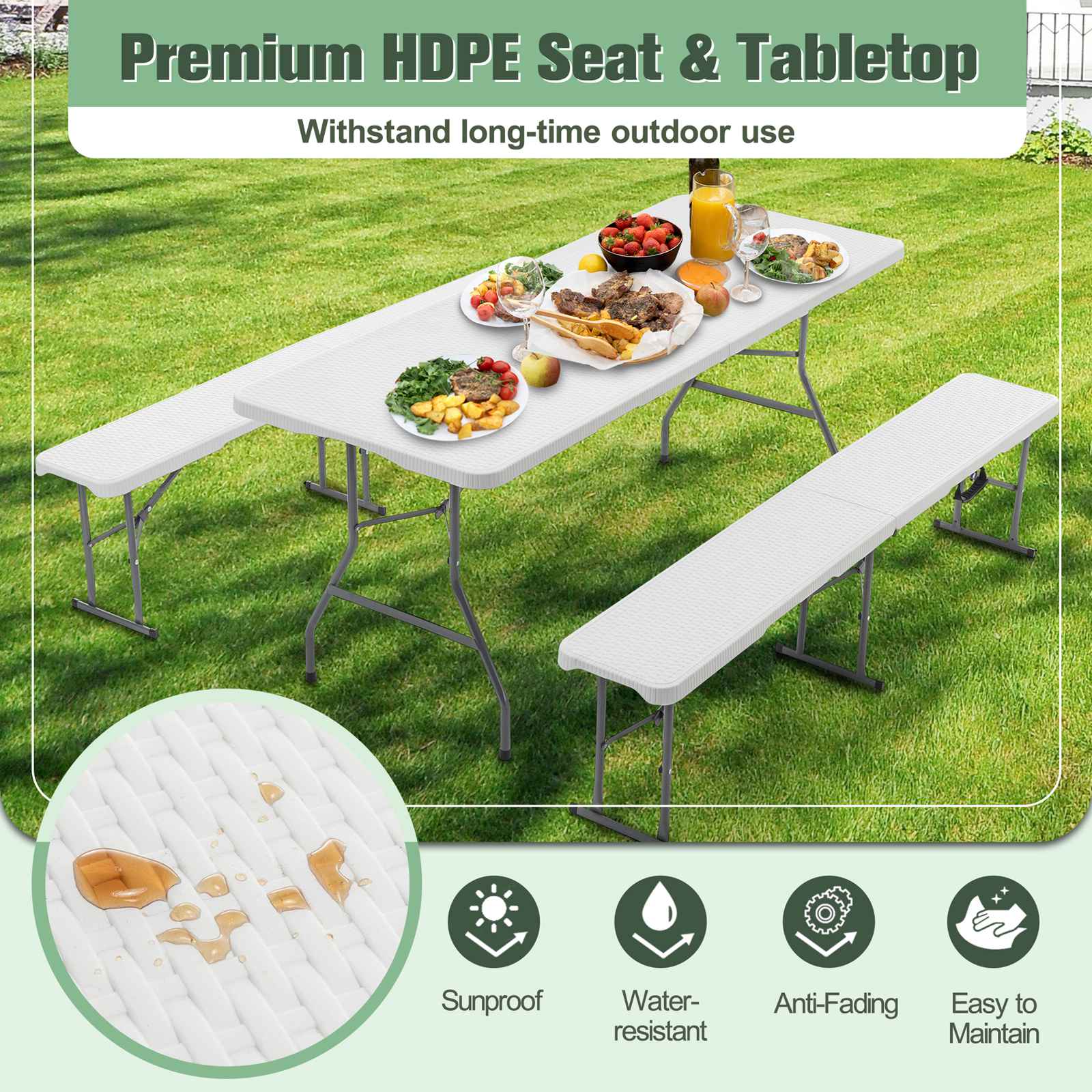 BIRCHTREE Folding Picnic Table and Bench Set 6FT 3 Piece