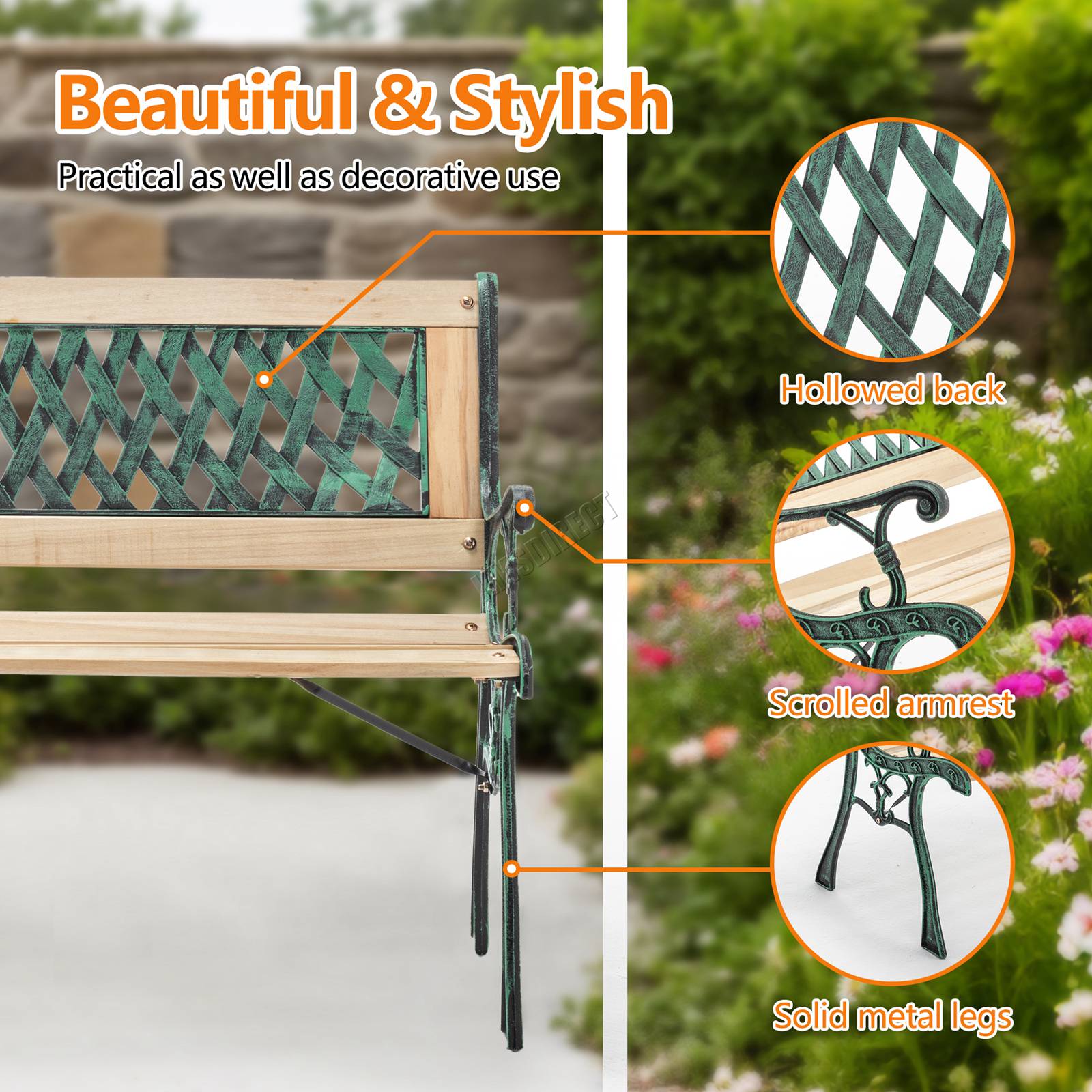 BIRCHTREE Garden Bench 3 Seater Cast Iron Legs
