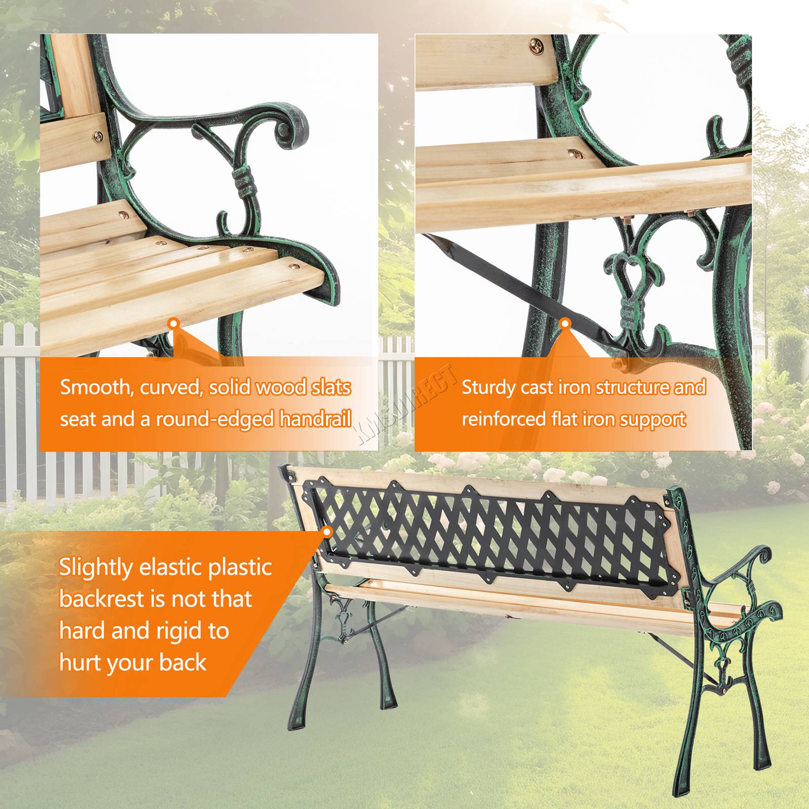 BIRCHTREE Garden Bench 3 Seater Cast Iron Legs