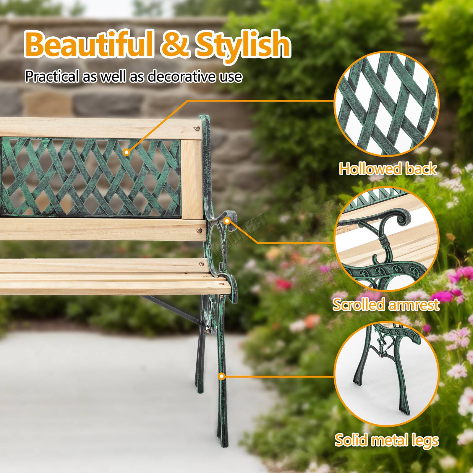 BIRCHTREE Garden Bench 3 Seater Cast Iron Legs