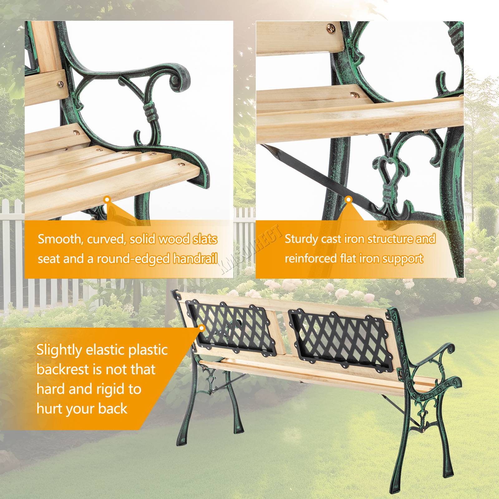 BIRCHTREE Garden Bench 3 Seater Cast Iron Legs