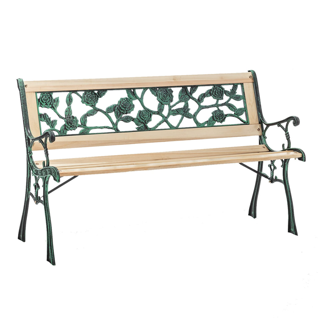 Wooden garden bench with decorative metal backrest on a white background