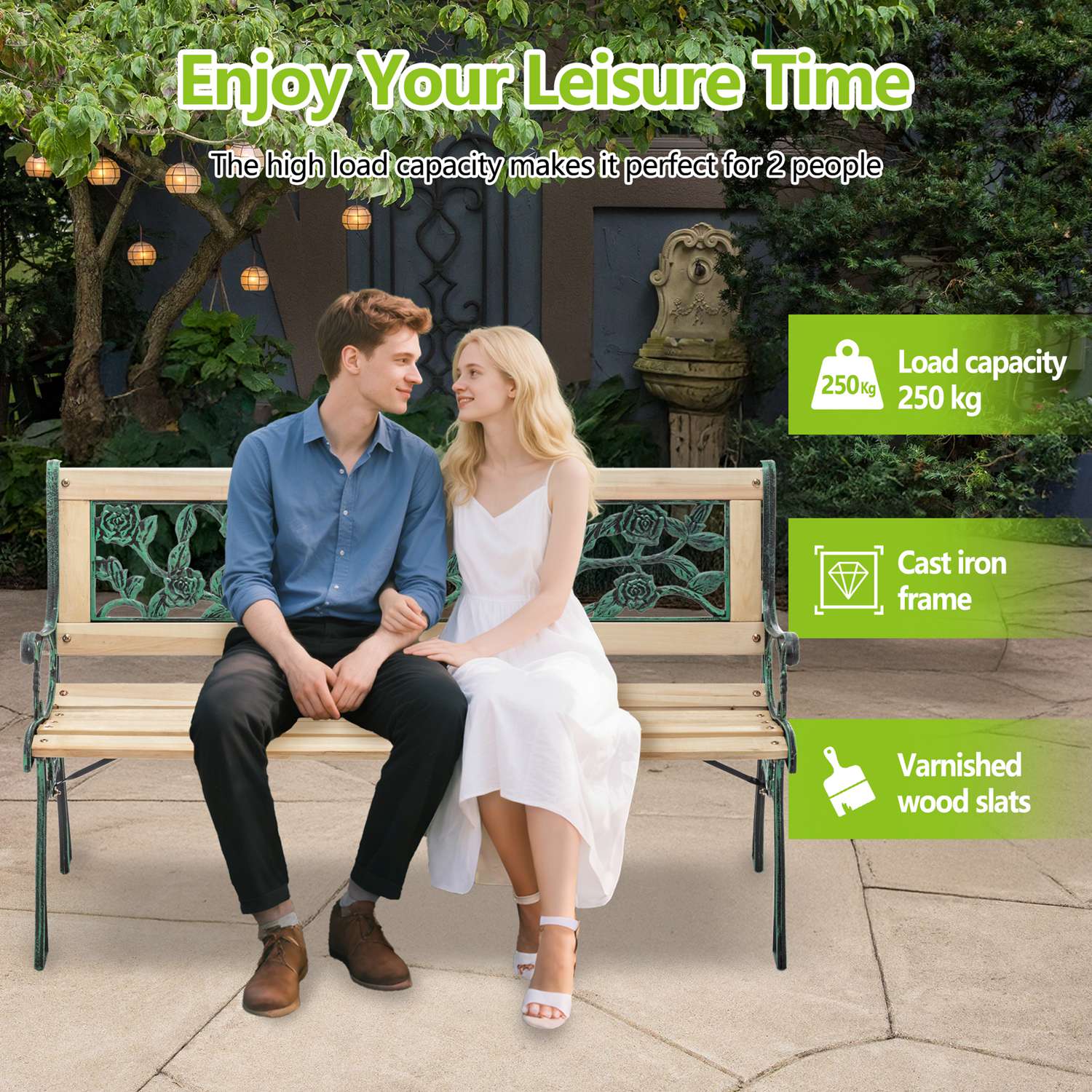 Couple sitting on a wooden garden bench with product features highlighted