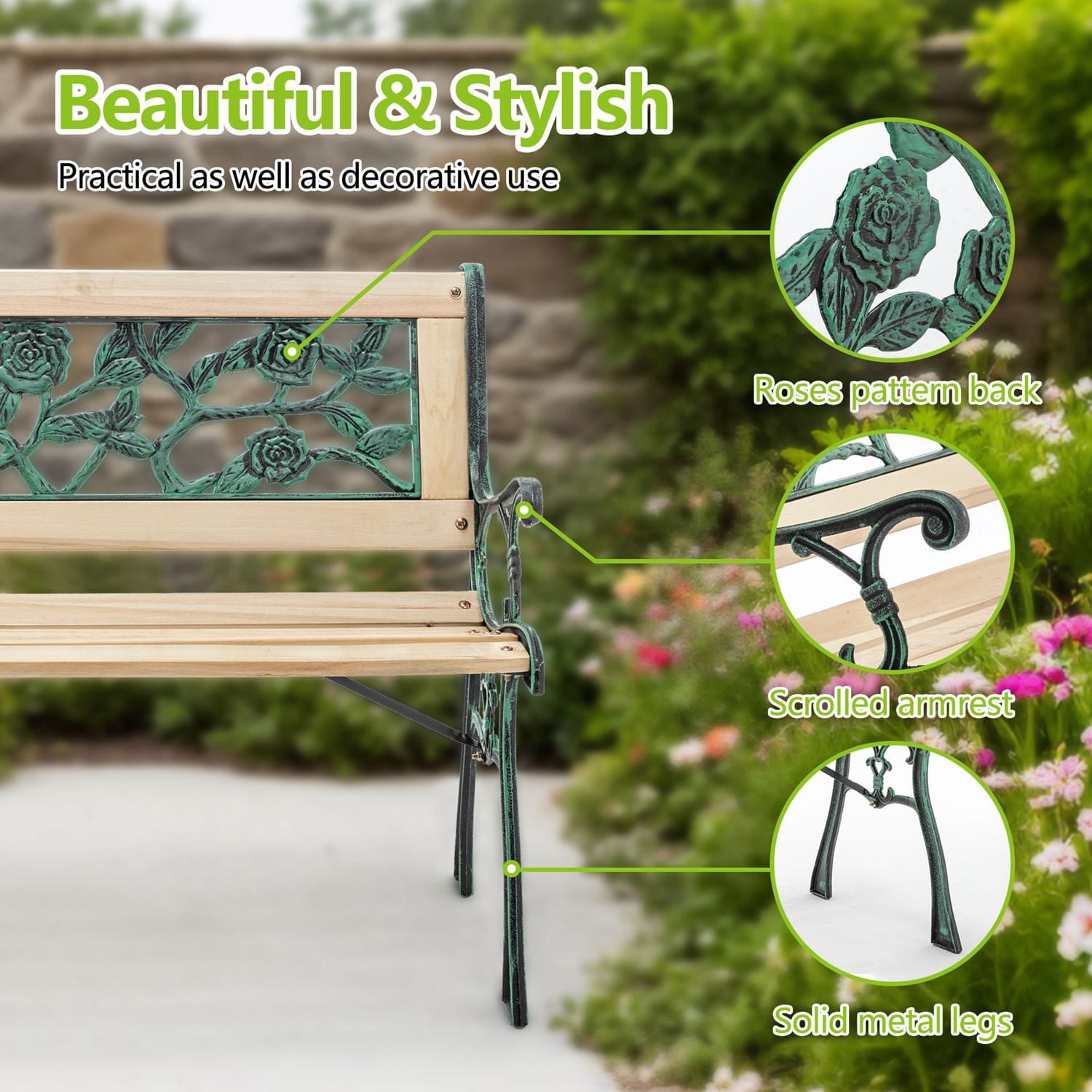 Wooden garden bench with green metal backrest and armrests in a garden setting, highlighting design features.