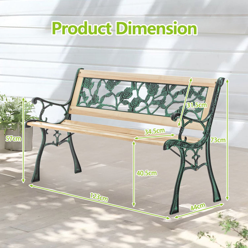 wooden garden bench with dimensions labeled on a light background