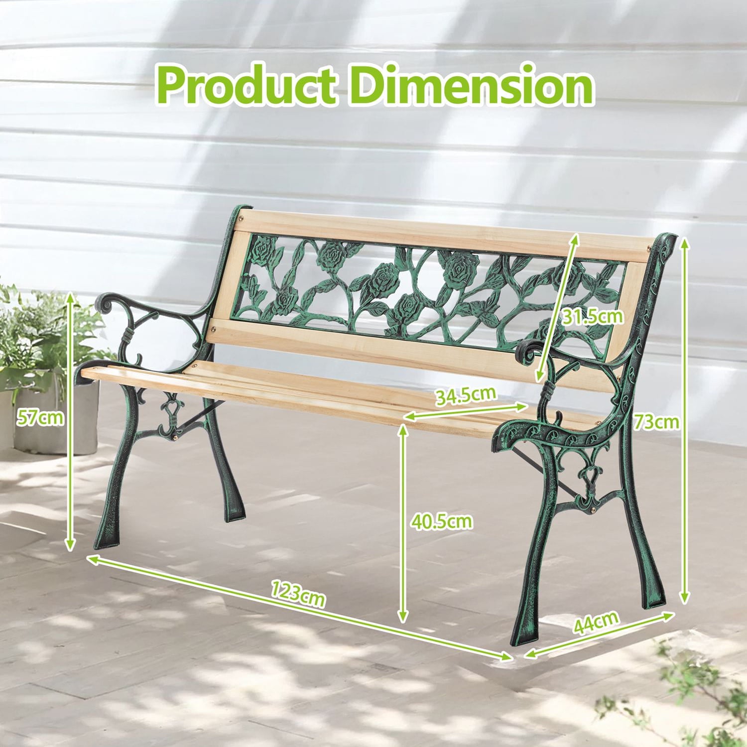 wooden garden bench with dimensions labeled on a light background
