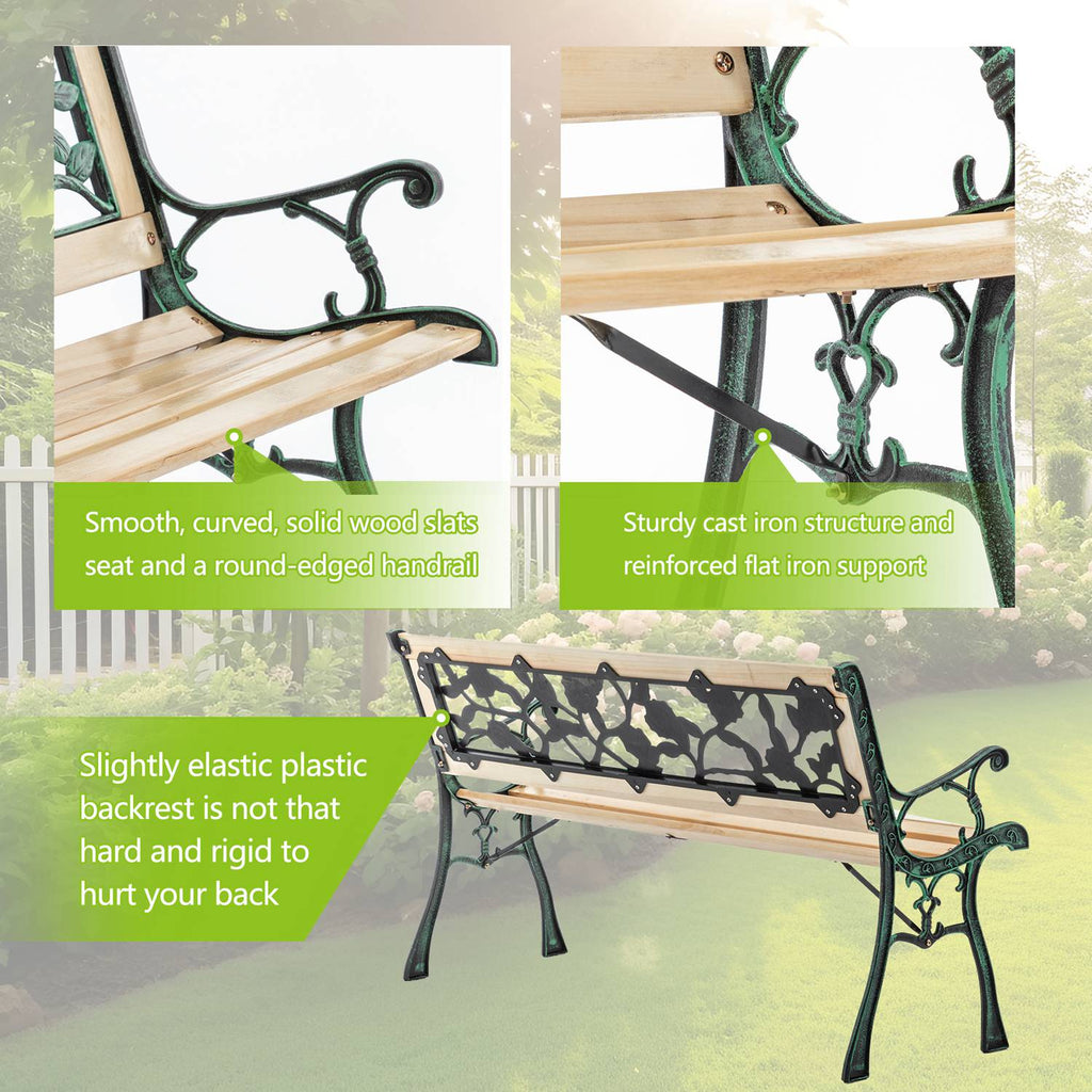 wooden garden bench with wooden seat and black metal frame in a garden setting