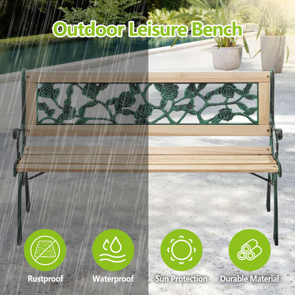 wooden garden bench with decorative backrest on a patio background, featuring rustproof, waterproof, sun protection, and durable material icons.