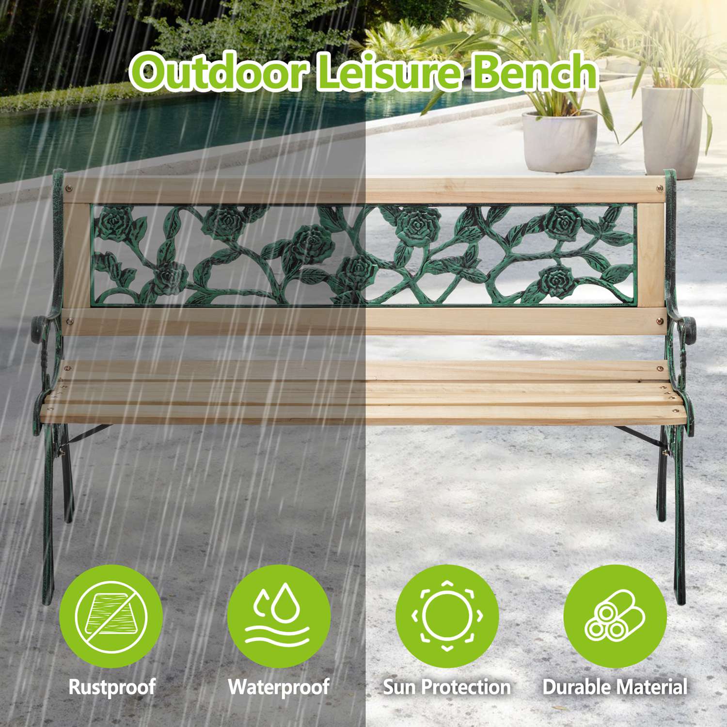 wooden garden bench with decorative backrest on a patio background, featuring rustproof, waterproof, sun protection, and durable material icons.