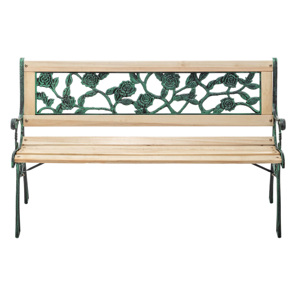Wooden garden bench with decorative metal backrest on a white background
