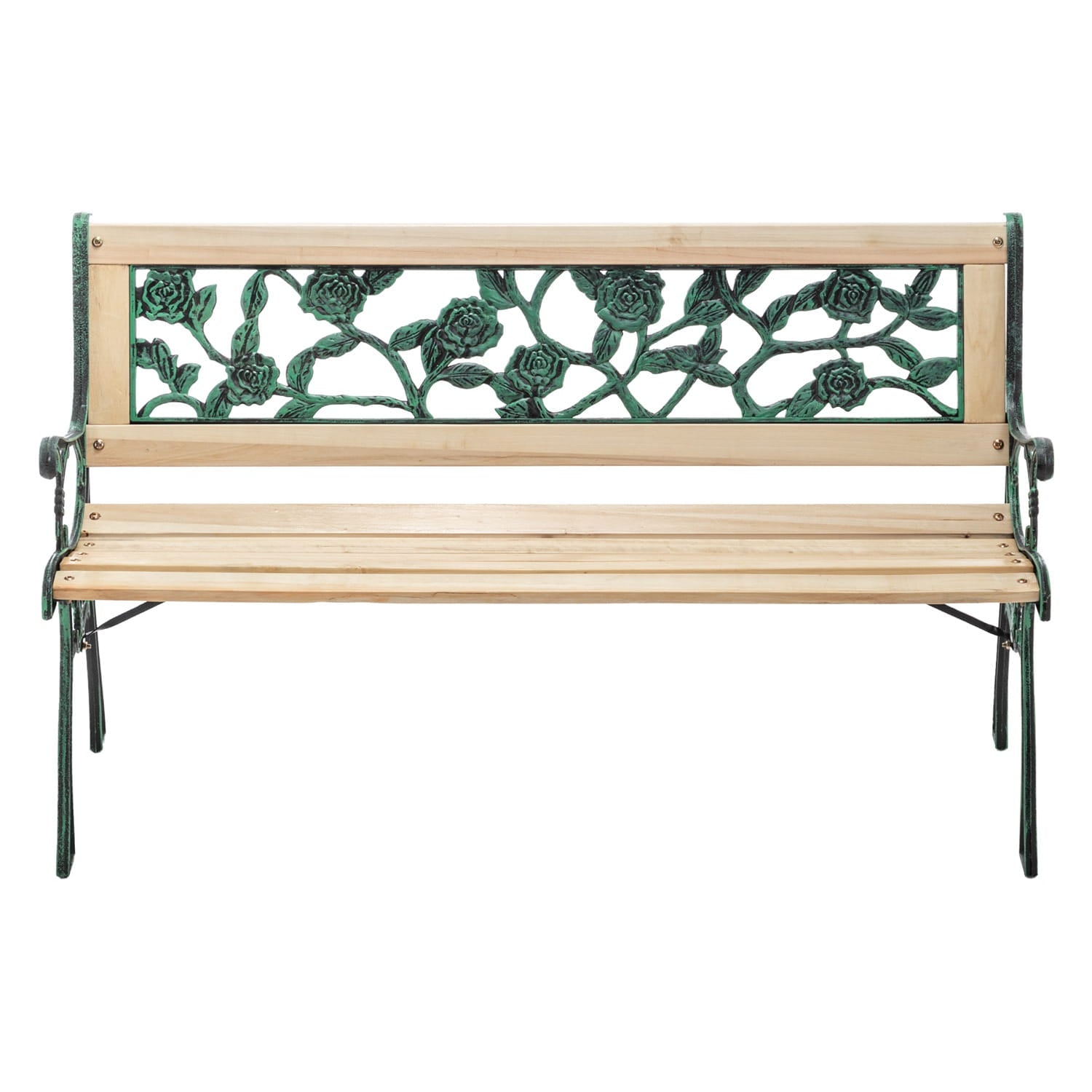 Wooden garden bench with decorative metal backrest on a white background