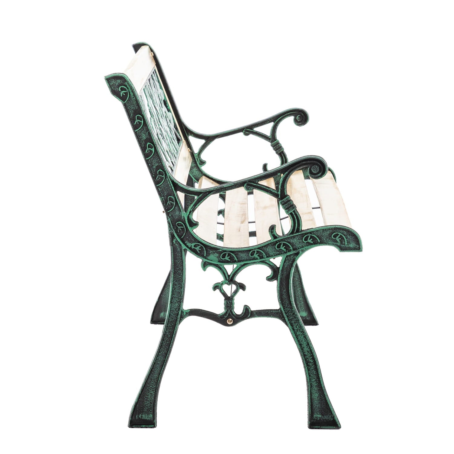 wooden garden bench with intricate designs on a white background