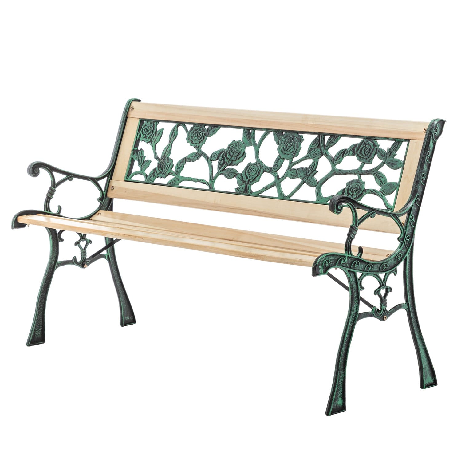Wooden garden bench with wooden seat and green metal armrests and legs on a white background