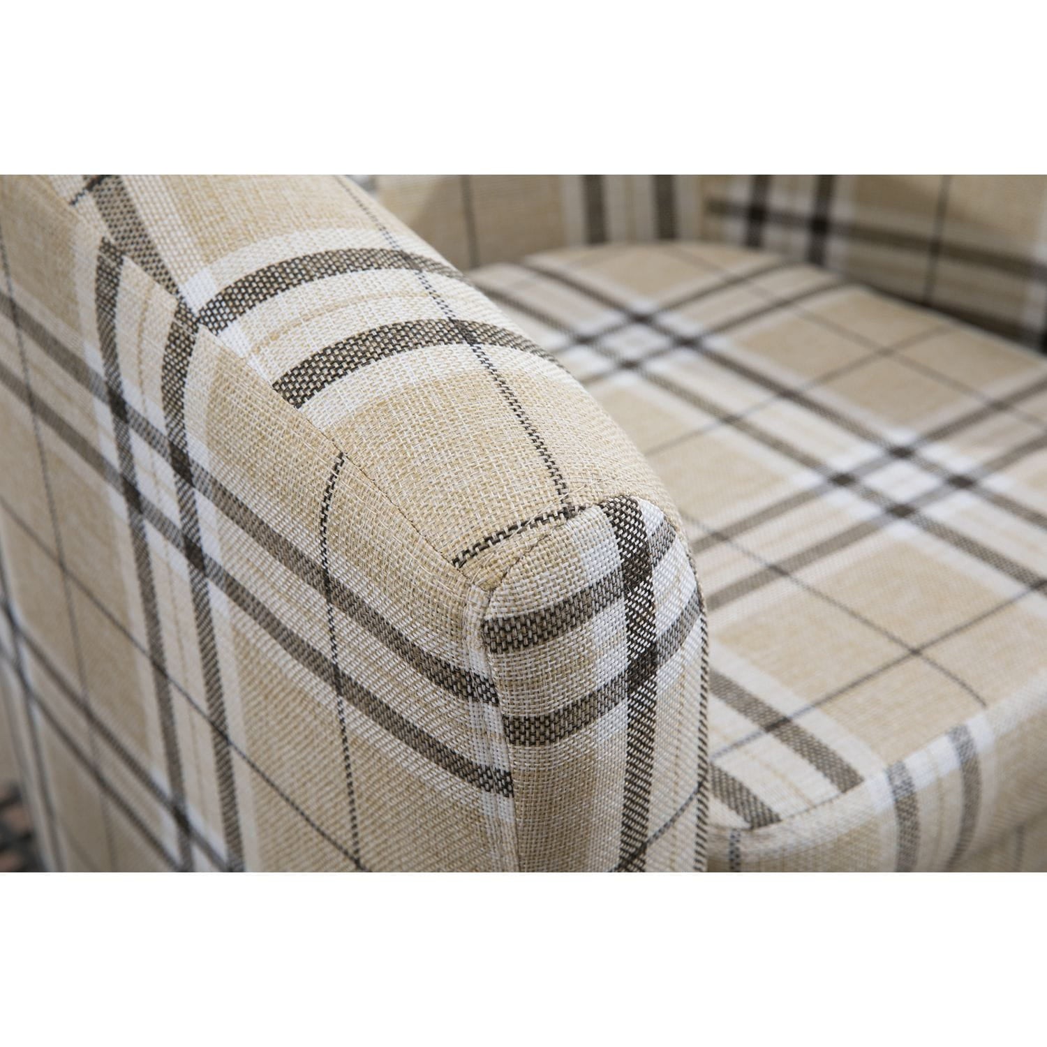 Cream checkered tub chair with a focus on the armrest and seat.
