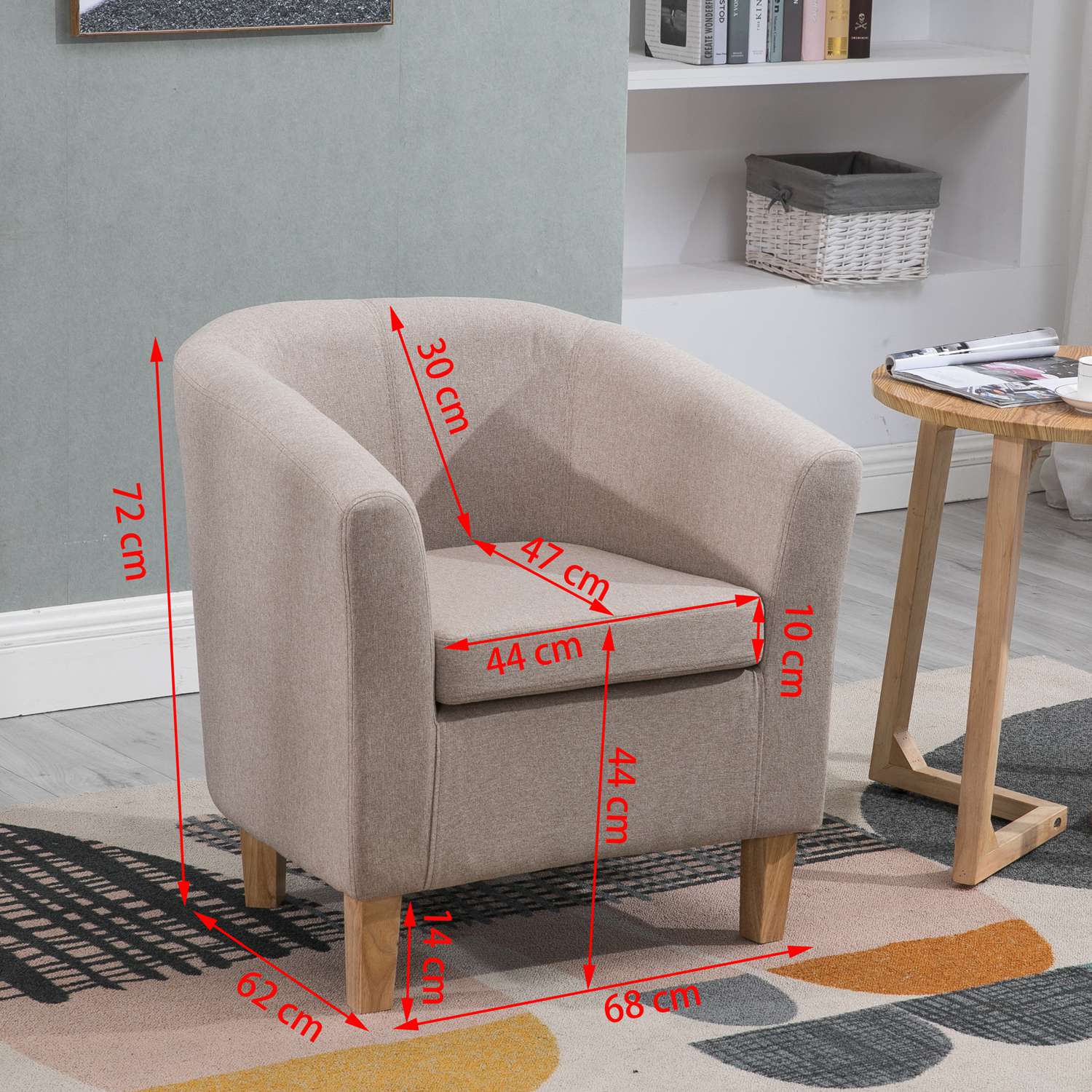 Cream tub chair with dimensions marked on a living room setting